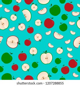 Apples seamless vector pattern. Red and green apple flat style whole and cut on blue background. Natural organic food and Harvest concept. Easy to edit template for your design projects.