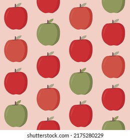Apples seamless vector pattern. Red and green color apples in a repeat print. Simple, minimal fruit illustration. Surface pattern design for textiles, fabric, home wares and backgrounds.