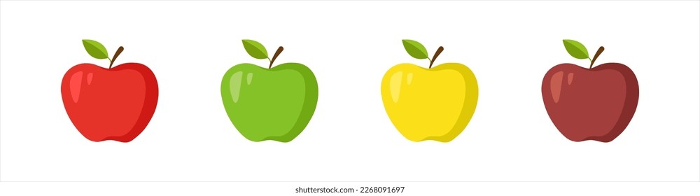 Manzanas puestas. Diseño plano manzana verde, roja y amarilla sobre un fondo blanco.