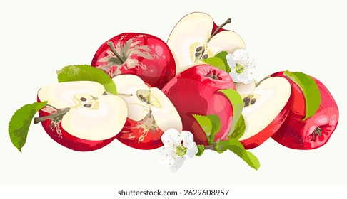 Conjunto de manzanas. Frutas, hojas y flores