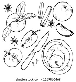 Apples set, fruit whole and cut into slices, berries and spices, black and white vector illustration