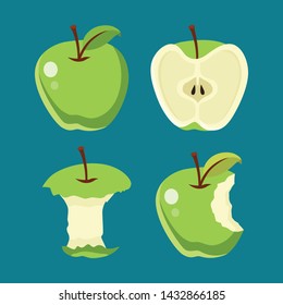 Apples. Set of green, bitten and half of fruit with leaf. Vector illustration. Isolated