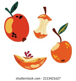 Apples set. Isolated drawing of apples on a white background, red apples, apple slices, apple slices, sliced, stub apples. Sweet fruits. Vector cartoon illustration