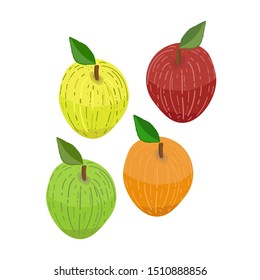 Apples set on white background - yellow, red, orange and yellow healthy fresh hand drawn food with green leaves. Colorful bright  food collection