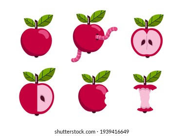 Manzanas. Un conjunto de rojas, mordidas, manzanas con un gusano, medio, oscilando de una manzana con una hoja. Ilustración vectorial. Aislado. diseño plano