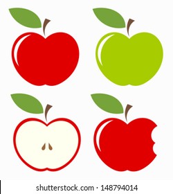 Apples. Set of red, green, bitten and half of fruit with leaf. Vector illustration