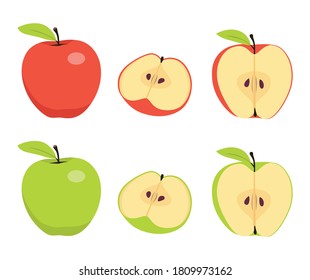 Apples. Set of red, green, bitten and half of fruit with leaf. Vector illustration. Isolated