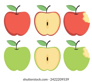 Apples. Set of red, green, bitten and half fruit with leaf. Vector illustration. Isolated