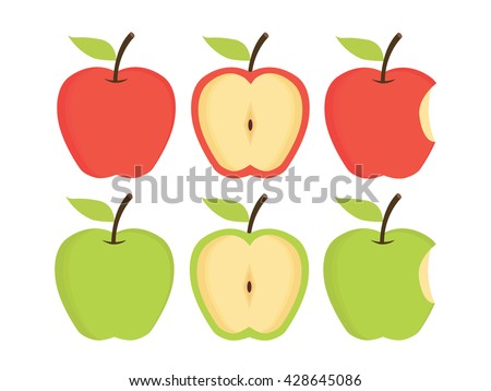 Apples. Set of red, green, bitten and half of fruit with leaf. Vector illustration. Isolated