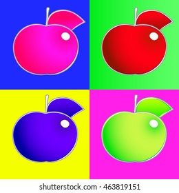  Apples. Set of red, green, blue and pink apple on color background. Vector pop art illustration.
