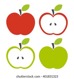 Apples. Set of red, green, half of fruit with leaf. Vector illustration