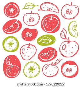 Apples set. Whole, half, sliced, bitten fruits. Ink hand drawn vector illustration. Can be used for cafe, menu, shop, bar, restaurant, poster, sticker, logo, detox diet concept, farmers market