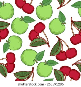 Apples and sherries seamless pattern. Ripe fruits and berries background. Sketch hand drawn style.