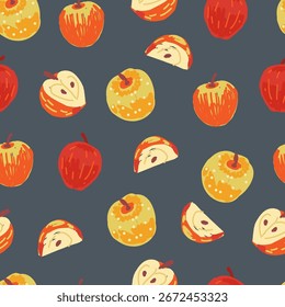 Apples and slices seamless pattern. Hand drawn vector illustration. Fruit and healthy food concept. Naive art wallpaper. 