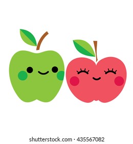Apples smiling. Apple boy and girl friends. Kawaii style. Vector illustration. Apples cartoon characters.