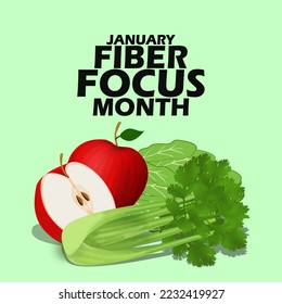 Apples with spinach and celery with bold text on light green background to commemorate Fiber Focus Month on January
