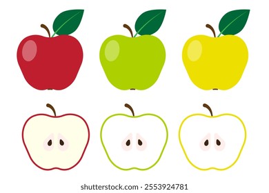 Apples variety set. Whole and sliced. Red, green, yellow fruits. Vector illustration.