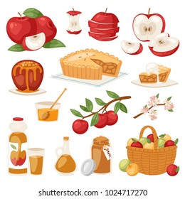 Apples vector healthy applepie with jam and applejuice from fresh fruits in garden with appletrees illustration of set isolated on background