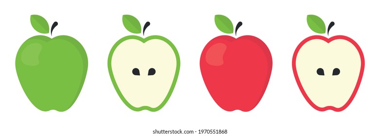 Apples vector illustration. Collection green and red apple icon in flat style. Whole and half sliced fruit with leaf isolated on white background.