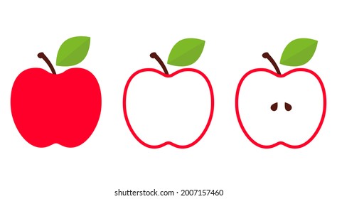 Ilustración vectorial de manzanas. Colección de iconos de manzana roja en estilo plano. Frutas enteras y semicortadas con hojas aisladas en fondo blanco.	
