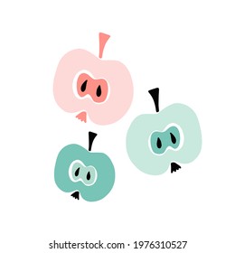  Apples vector illustration. Half an apple, seeds in cartoon style. Scandinavian style. Isolated on a white background. 