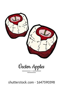 Vector de manzanas aislado. Ilustración hecha a mano de fruta pelada roja. Icono del logo de menú vegetariano a la moda. Manzanas enteras. Dulce ilustración de frutas orgánicas. Fondo blanco aislado de manzana natural