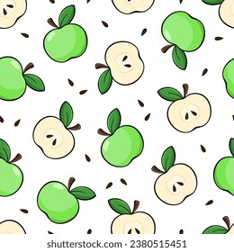 Apples vector seamless pattern. Green apples, cut slices and seeds on white background. Best for textile, wallpapers, home decoration, wrapping paper, package and your design.