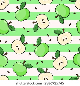 Apples vector seamless pattern. Green apples, cut slices and seeds on white striped background.
