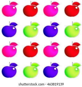 Apples vector seamless pattern. Green, pink, red and blue on white background.