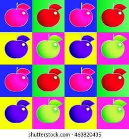 Apples vector seamless pattern. Green, pink, red and blue on different colors background.