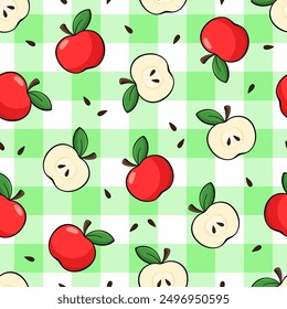 Apples vector seamless pattern. Red apples, cut slices and seeds on green checkered tablecloth background.