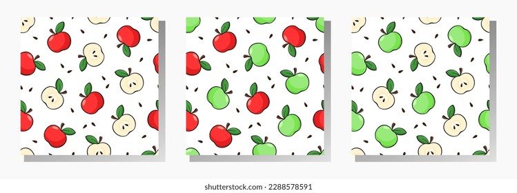 Apples vector seamless patterns collection. Red and green apples, cut slices and seeds on white background. Best for textile, wallpapers, home decoration, wrapping paper, package and web design.