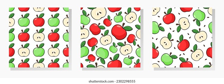 Apples vector seamless patterns collection. Red and green apples, cut slices and seeds on white background. Best for textile, wallpapers, home decoration, wrapping paper, package and web design.