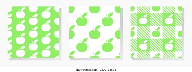 Apples vector seamless patterns collection in green and white colors. Best for textile, wallpapers, home decoration, wrapping paper, package and web design.
