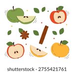 Apples. Vector set of fresh apples, slices, cinnamon sticks, and star anise isolated on white. Great for cider, baking, or autumn harvest themes. Hand drawn organic food illustration.