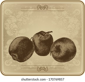 Apples with vintage frame, hand-drawing. Vector illustration.