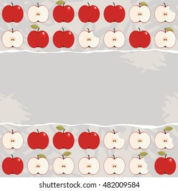apples whole and half in regular rows food raw healthy fruit autumn seasonal seamless pattern on light background with torn blank piece of paper horizontal place for your text