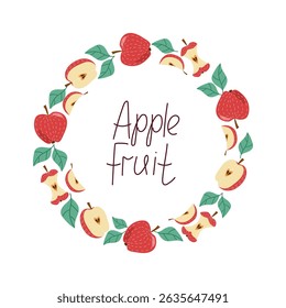 Apples, whole and halves fruit. Banner, round frame. Doodle, colorful icons, illustration for menu design, bar, cafe, recipes, restaurant. Place for text. Illustration, isolated background.