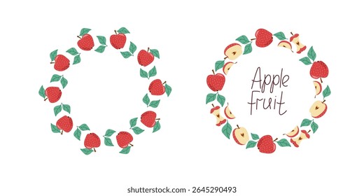 Apples, whole and halves fruit. Banner, round frame. Doodle, colorful icons, illustration for menu design, bar, cafe, recipes, restaurant. Handwritten font. Place for text, isolated background.