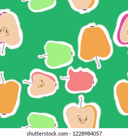 Apples,  whole and stubs  seamless motif, grains, dashed lines, labels . Hand drawn.
