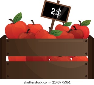 Apples in wooden box in cartoon style. Fruits.The harvested harvest of juicy apples in a wooden box. Vector illustration isolated on a white background. Vector illustration
