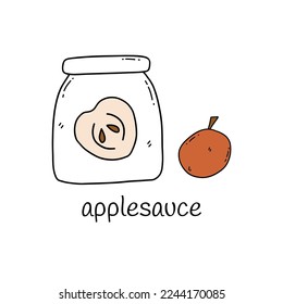 Applesauce in a glass jar. Nearby is half an apple. Delicious jam for desserts and other food. Colorful isolated vector illustration hand drawn. Card or icon clip art