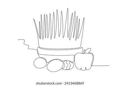 Apples,rice,and eggs are symbols of Nowruz. Nowruz one-line drawing