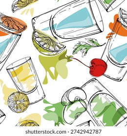 Appletini and absinthe, Lemon drop juice, electric Kamikaze, fruit garnish. Vector seamless pattern of multicolor shots. Hand drawn for wrapping paper, textiles, packaging and creative merchandise.