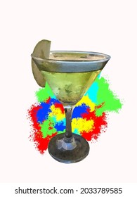 An appletini cocktail with a colorful paint splash background