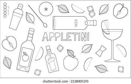 Appletini conjunto de ilustraciones vectoriales de cóctel. Líneas simples, contorno. Estilo minimalista. Elementos estilizados. Fruta y hojas.