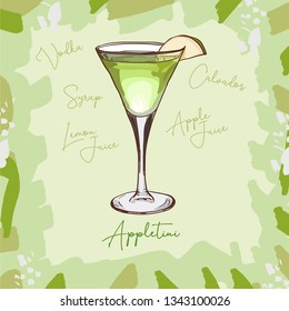 APPLETINI, low-alcohol, apple-lemon taste Contemporary classic cocktail illustration collection. Alcoholic cocktails hand drawn vector illustration set. Menu design item of sketch bar drink glass.
