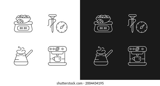 Appliance for coffee preparation linear icons set for dark and light mode. Weighing scales for beans. Customizable thin line symbols. Isolated vector outline illustrations. Editable stroke