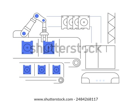 Appliance components manufacturing abstract concept vector illustration. Conveyor belt with home appliance details manufacturing, electronics production, light industry abstract metaphor.