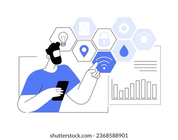 Ilustración vectorial de concepto abstracto de control de dispositivo. El hombre mantiene el teléfono con la aplicación de comprobación de dispositivos, tecnología de TI, transferencia de datos, big data, aprendizaje automático, metáfora abstracta de reconocimiento de voz.